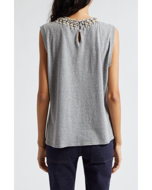 Cinq À Sept Blue Brielle Imitation Pearl & Crystal Detail Sleeveless T-shirt