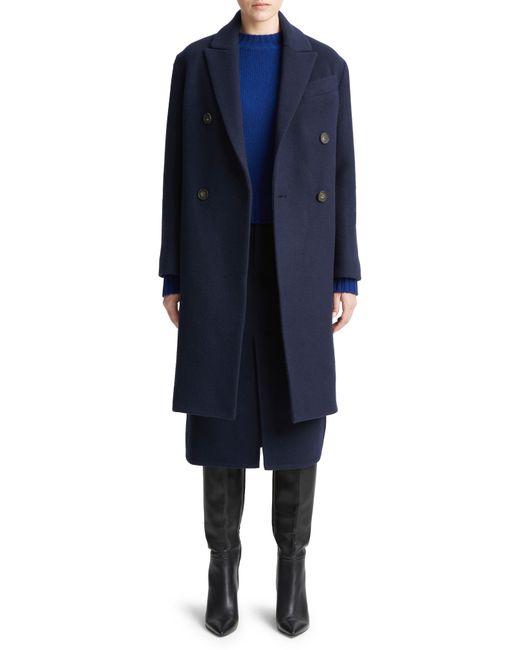 Vince Blue Double Breasted Brushed Wool Blend Coat
