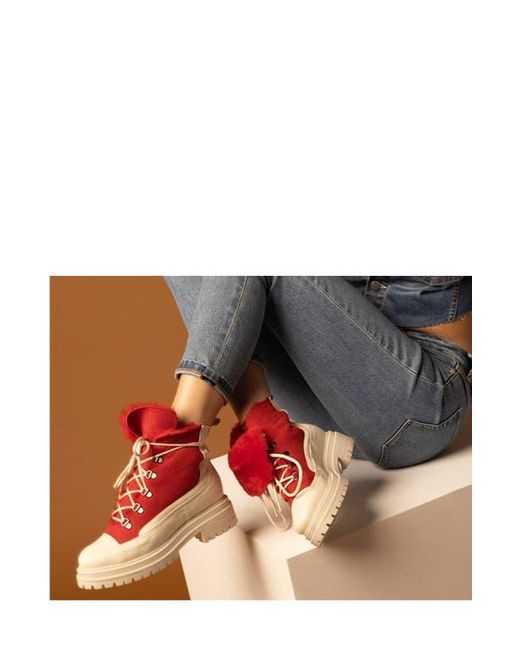 Beautiisoles Red Francy Genuine Shearling Lined Platform Boot