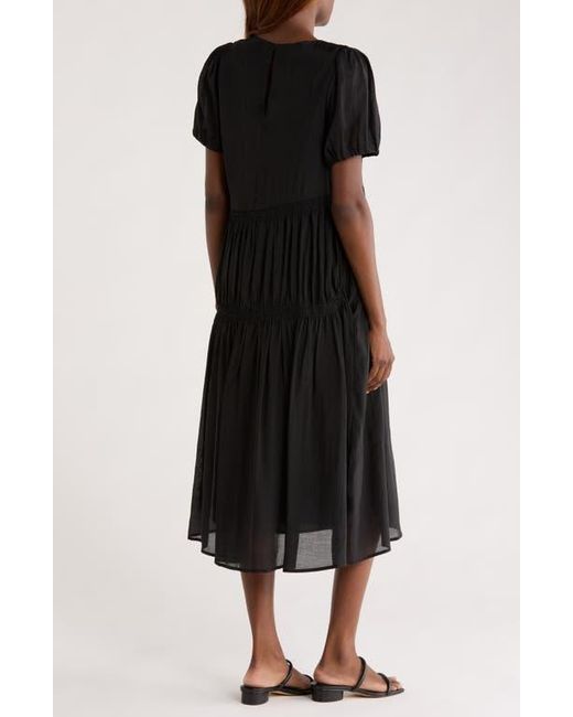 MELLODAY Black Puff Sleeve Smocked Tiered Midi Dress