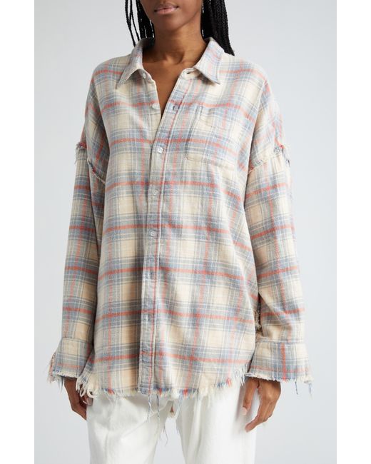 R13 White Shredded Seam Drop Neck Oversize Plaid Cotton Button-up Shirt