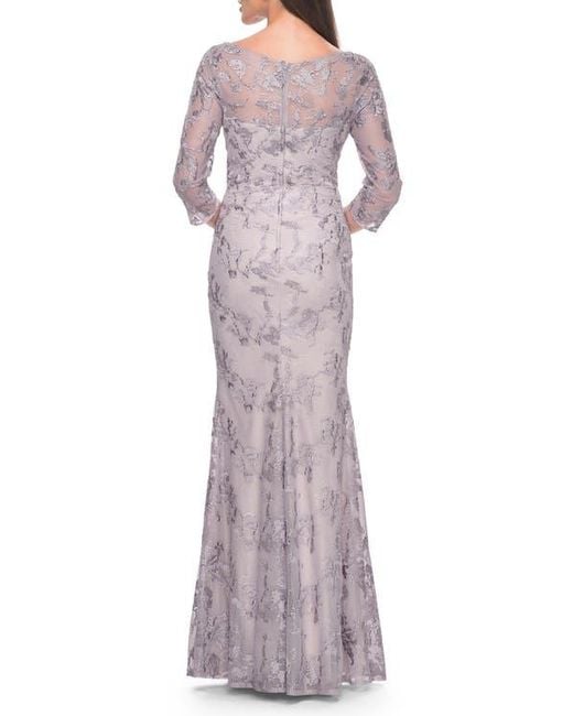 La Femme Purple Pastel Lace Mother Of The Bride Gown With Three Quarter Sleeves
