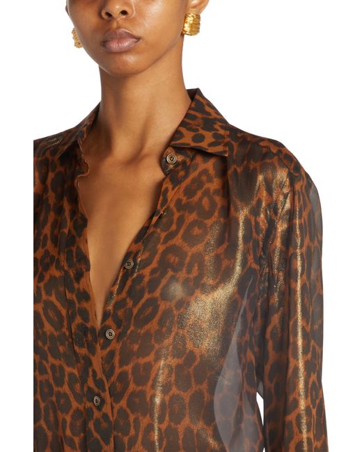 Tom Ford Brown Laminated Leopard Metallic Silk Button-up Shirt