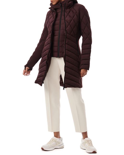 Bernardo Packable Mixed Media Water Resistant Quilted Puffer Coat in