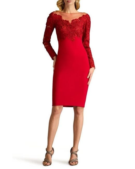 Tadashi Shoji Red Lace Bodice Long Sleeve Cocktail Sheath Dress