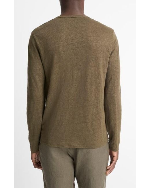 Vince Green Notch Neck Long Sleeve Slub Linen T-Shirt for men