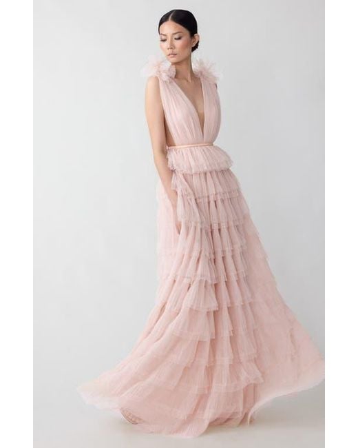 SAU LEE Pink Sabrina Plunge Neck Tiered Tulle Gown