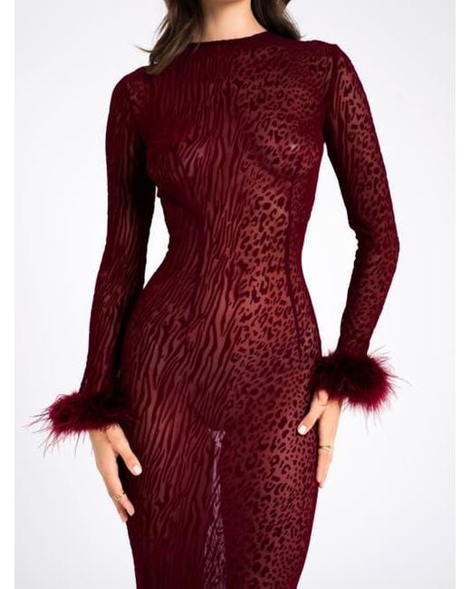 Miss Circle Red Patricia Leopard Burnout Velvet Mesh Backless Maxi Dress