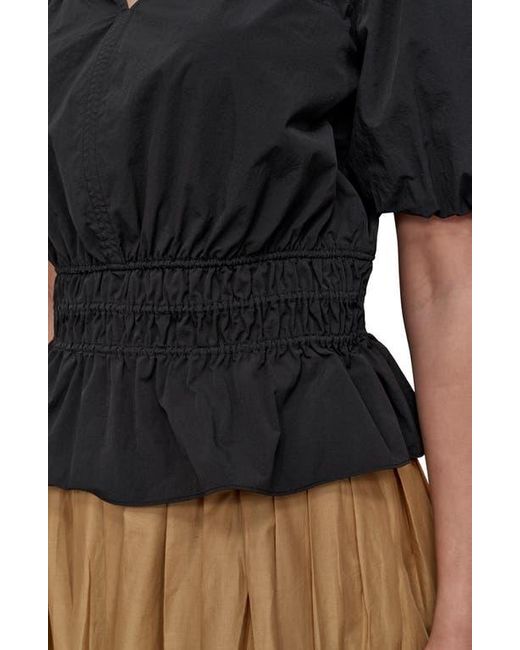 DKNY Black Shirred Puff Sleeve Peplum Top