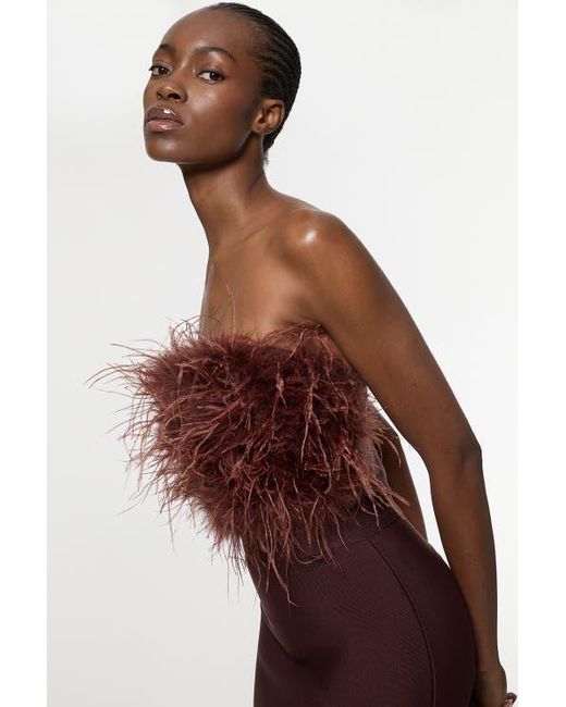 Karen Millen Feather Detail Bandeau Knit Midi Dress in Brown | Lyst