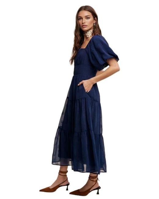 Knit & Lounge Blue Puff Sleeve Tiered Ruffle Lace Maxi Dress