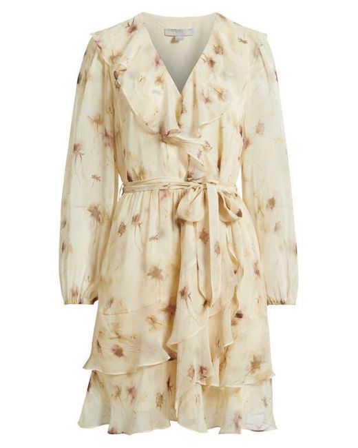 Chelsea28 Natural Floral Ruffle Trim Long Sleeve Chiffon Minidress