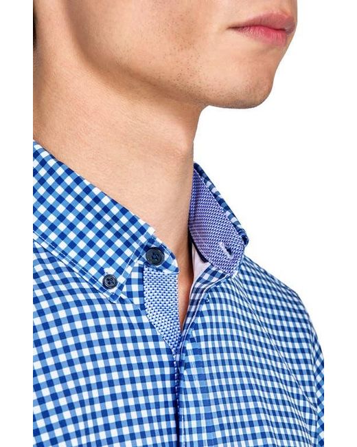 Con.struct Blue Slim Fit Mini Check Recycled 4-Way Stretch Performance Short Sleeve Shirt for men