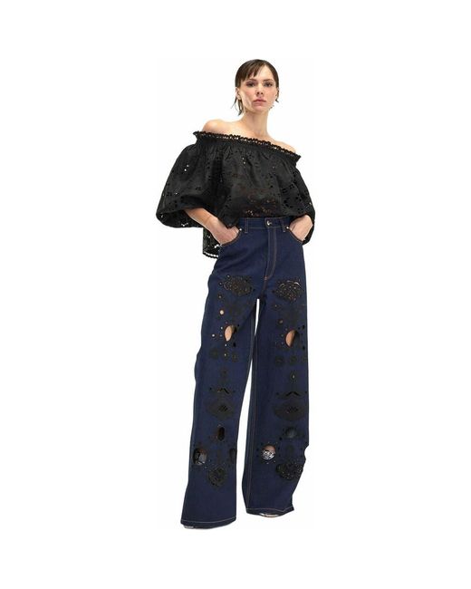 Cynthia Rowley Blue Embroidered Wide-Leg Jean