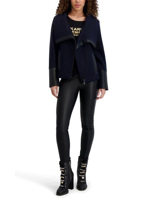 Karl Lagerfeld Blue Wool Blend & Faux Leather Asymmetric Jacket