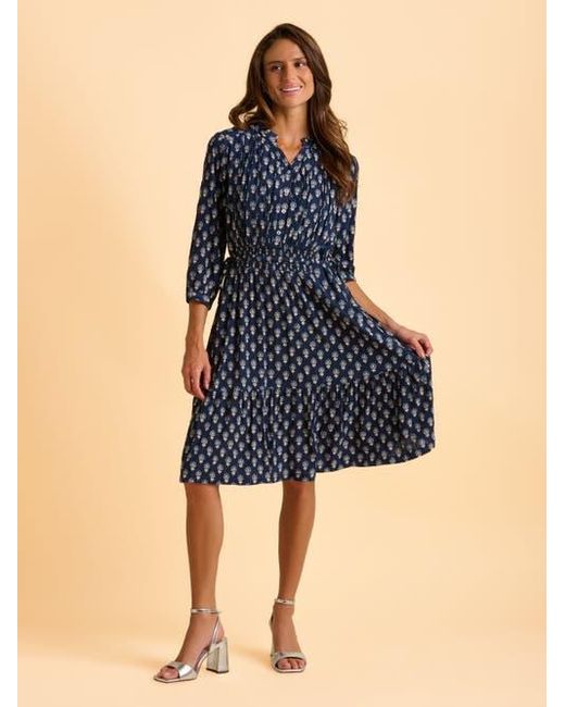 Brakeburn Blue Alpine 3/4 Sleeve Drawstring Waist Dress