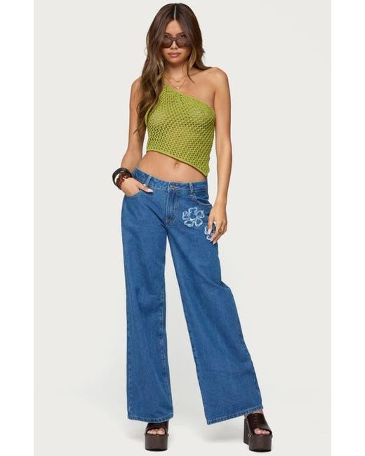 Edikted Green Daley Asymmetric One-Shoulder Sheer Crop Top
