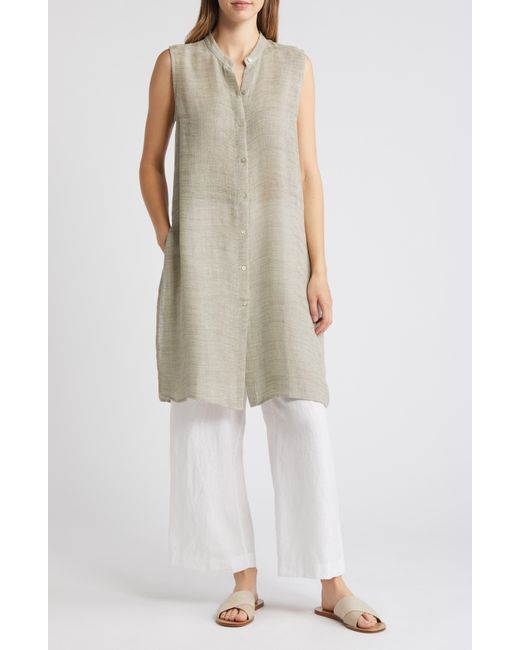 Eileen Fisher Natural Long Sleeveless Linen Blend Button-up Shirt