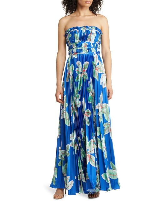 Hutch Sabina Floral Tiered Plissé Gown in Blue | Lyst