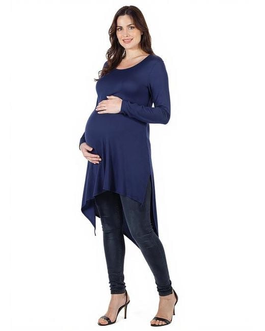 24seven Comfort Apparel Blue Long Sleeve Knee Length Asymmetrical Maternity Tunic Top