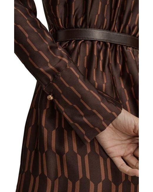 Donna Karan Brown Geo Print Long Sleeve Satin Dress