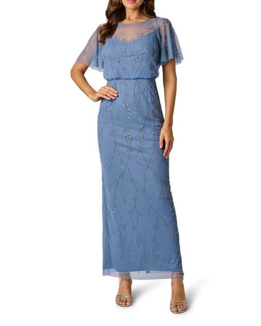 Adrianna Papell Blue Beaded Mesh Blouson Gown