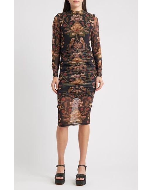 Farm Rio Brown Berry Garden Long Sleeve Ruched Dress