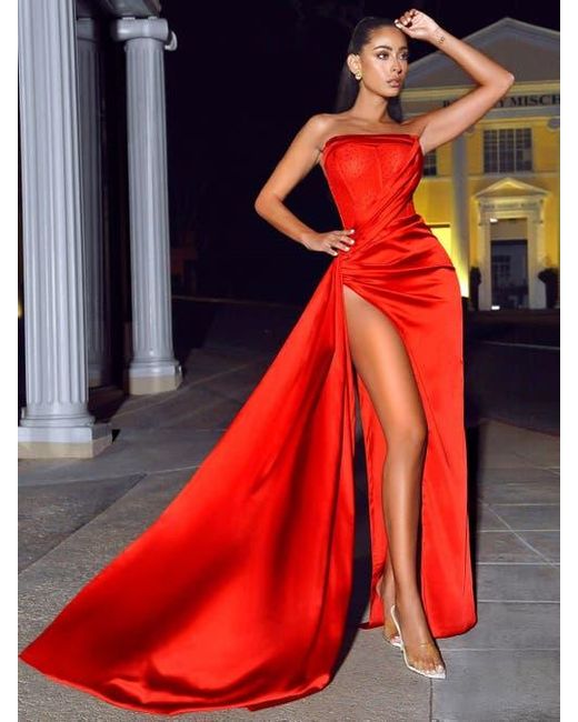 Miss Circle Red Holly Corset Crystallized High Slit Evening Gown