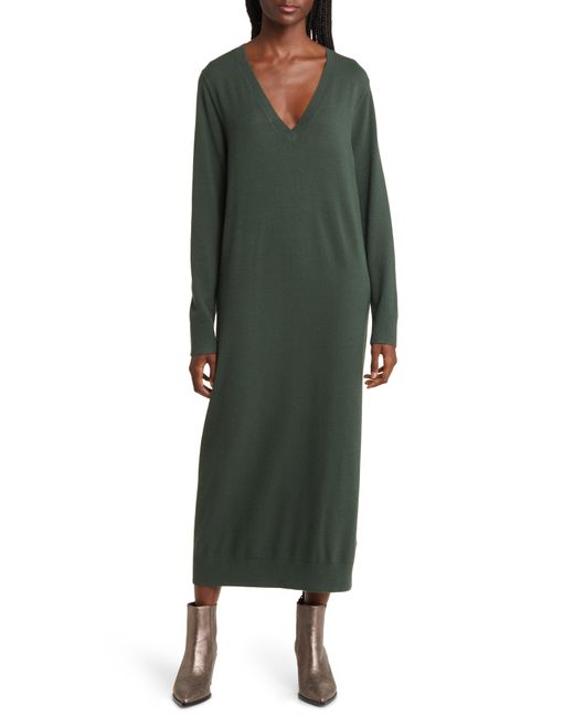 Treasure & Bond Green Long Sleeve V-neck Midi Sweater Dress