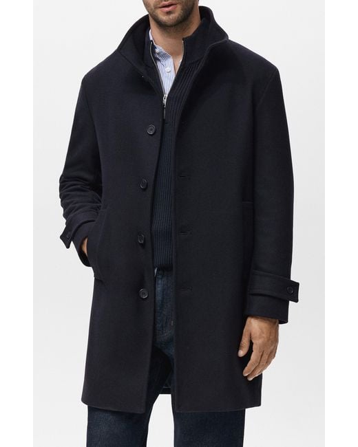 Mango Black Wool Blend Funnel Neck Coat for men