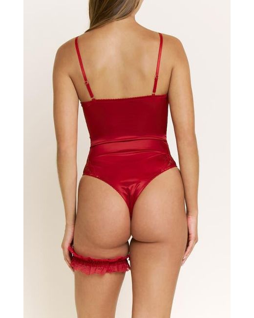 Honeydew Intimates Red Garden Of Eden Lace Trim Satin Bodysuit & Garter Set