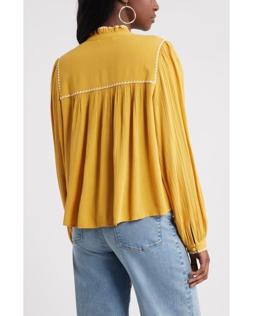 Treasure & Bond Blue High Neck Embroidered Long Sleeve Top