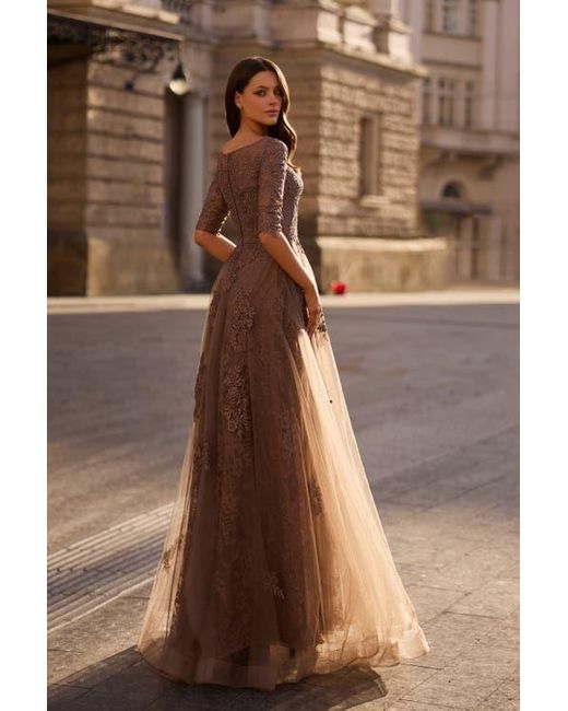 La Femme Brown Lace And Tulle A-Line Gown With Three Quarter Sleeves