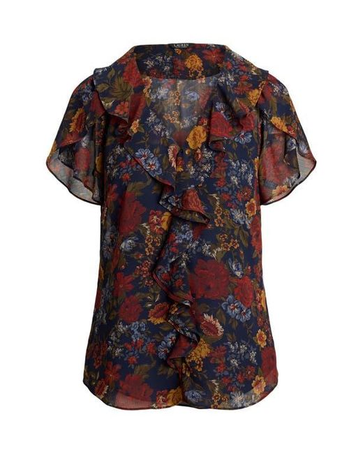 Ralph Lauren Brown Floral Ruffle Accent Top