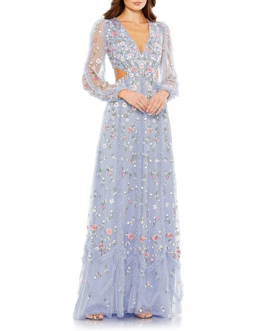 Mac Duggal Blue Embroidered Long Illusion Sleeve Sheath Gown