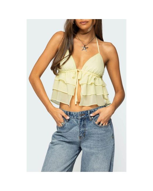 Edikted Blue Zephi Split Front Ruffle Top