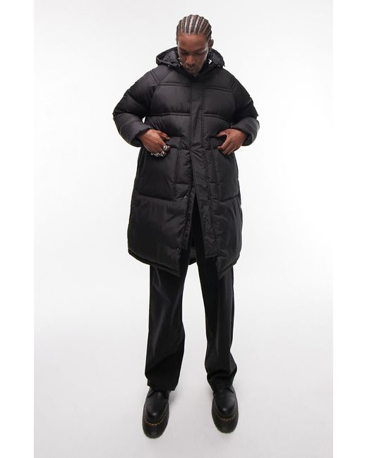 Topman Black Fishtail Longline Puffer Jacket for men