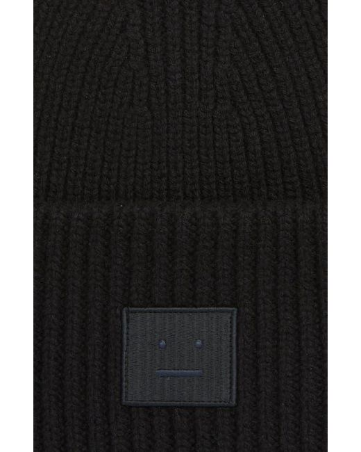 Acne Black Pansy Face Patch Rib Wool Beanie