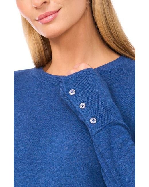 Halogen® Blue Button Cuff Crewneck Sweater