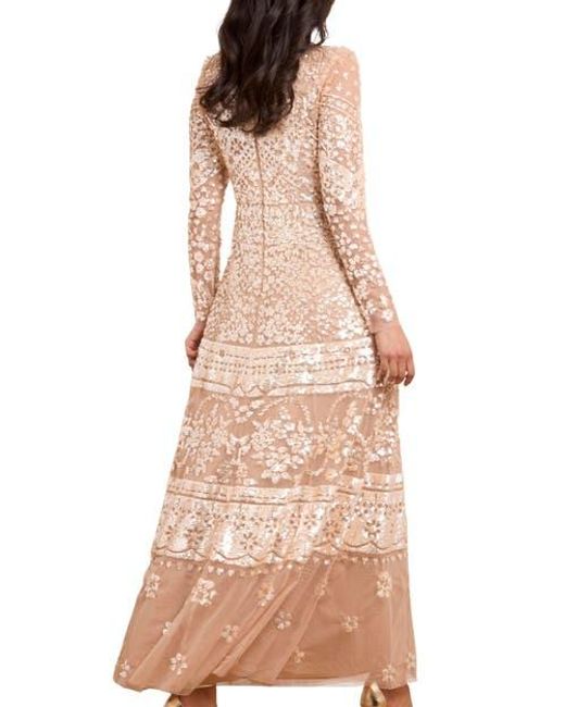 Needle & Thread Natural Aurora Long Sleeve Round Neck Gown