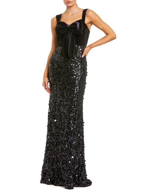Mac Duggal Black Sequin Column Gown With Velvet Bow Detail