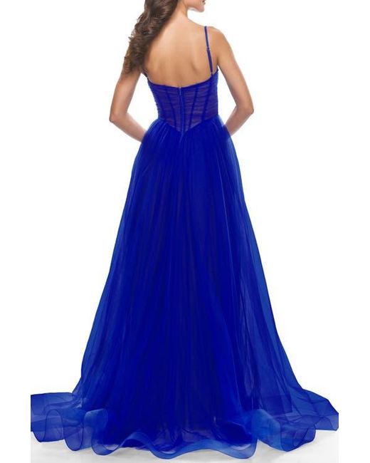 La Femme Blue A-Line Tulle Gown With Illusion Bodice And Boning