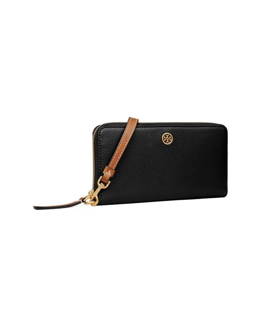 Tory Burch Black Robinson Pebble Leather Zip Around Continental Wallet