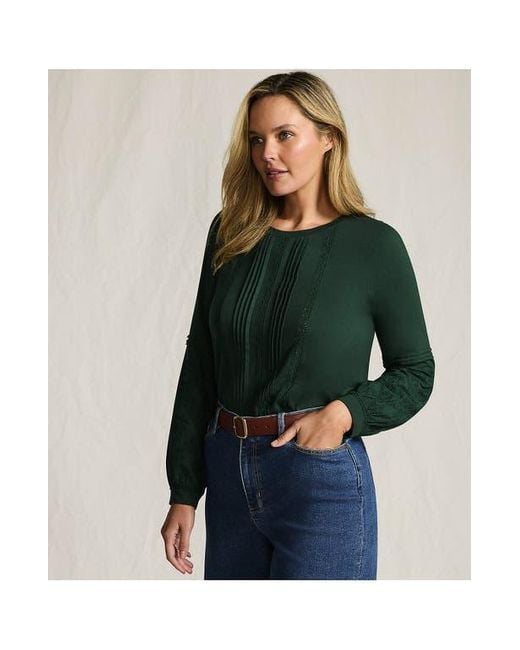 Lands' End Green Lightweight Jersey Lace Mix Long Sleeve Pintuck Top
