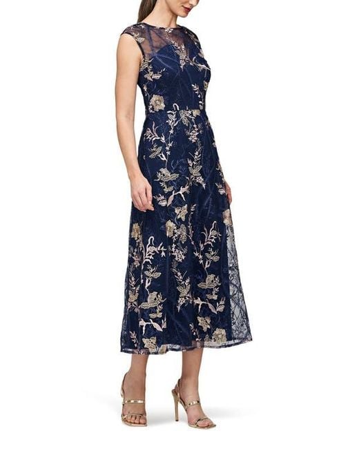 JS Collections Brynn Floral Embroidered Mesh Dress in Blue | Lyst