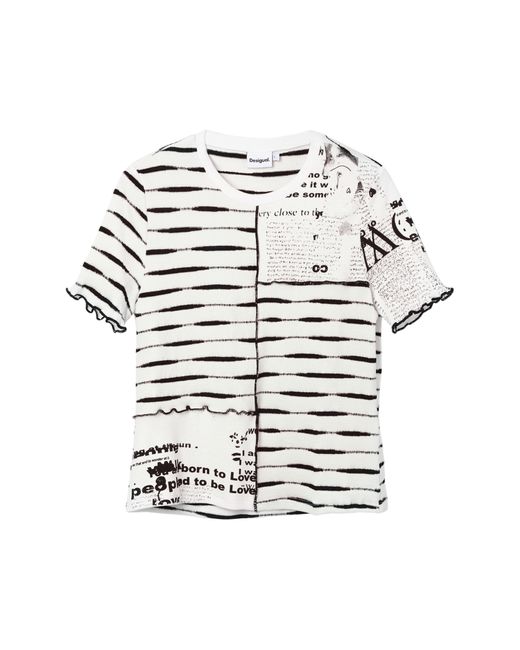 Desigual White Striped Patchwork Newspaper T-shirt