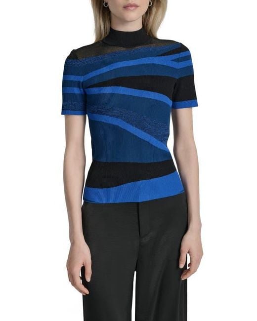 DKNY Blue Colorblock Short Sleeve Sweater