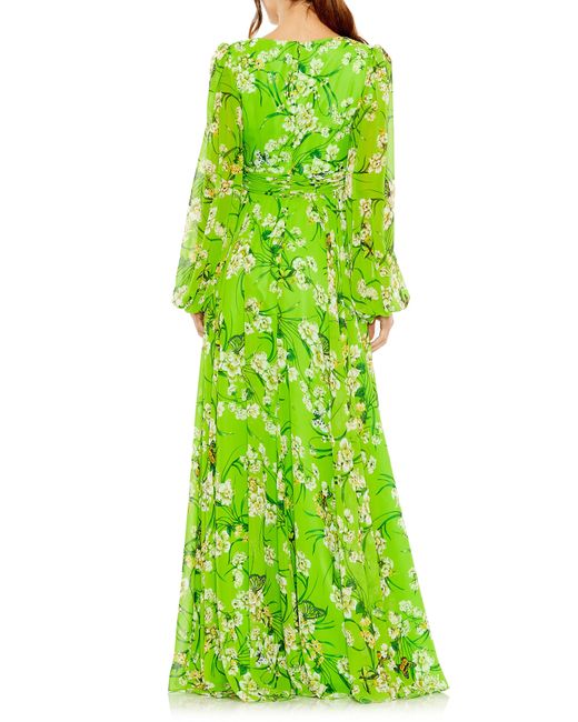 Ieena for Mac Duggal Green Floral Long Sleeve Chiffon A-line Gown