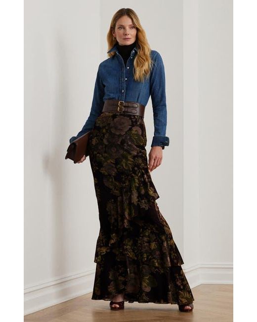 Ralph Lauren Tiered Floral Velvet Maxi Skirt in Black | Lyst 
