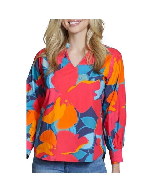 Apny Orange Floral Print Split Neck Top